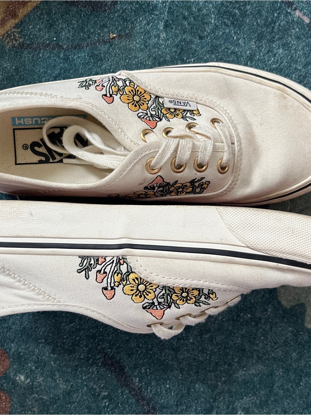 Vans Cream Floral Canvas Lace-Up Sneakers with Yellow & Pink Embroidery